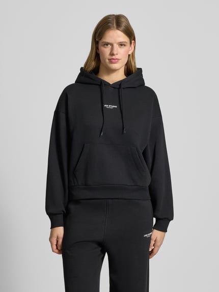 JJXX Bluza z kapturem z logo i kieszenią kangurką Czarny 4