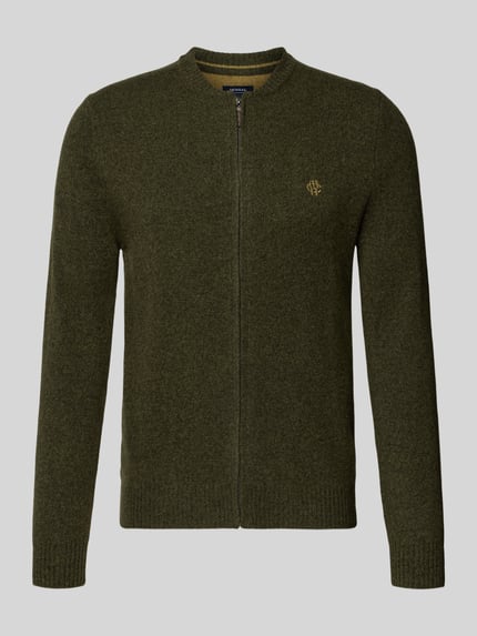 Produktfoto, Regular Fit Strickjacke aus reiner wełny z wyhaftowanym logo marki, krój regular fit, prążkowany kołnierz, długi rękaw, prążkowane wykończenia, zamek błyskawiczny na całej długości, kolor oliwkowy, Regular Fit Strickjacke aus reiner Wolle mit Logo-Stickerei von MCNEAL, długość tyłu w rozmiarze M: 69 cm, długość rękawa w rozmiarze M: 74 cm