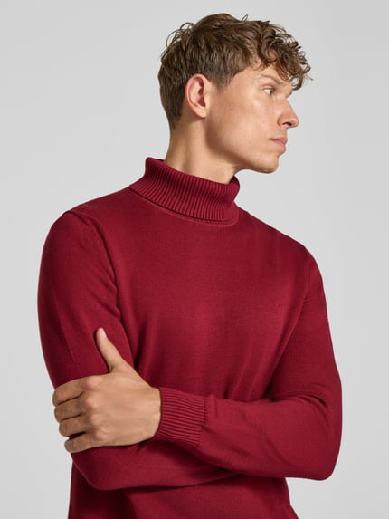 Männermodel trägt Regular Fit Strickpullover aus Baumwoll-Woll-Mix mit Rollkragen von Christian Berg Men, uni rood, Nahaufnahme Oberkörper.