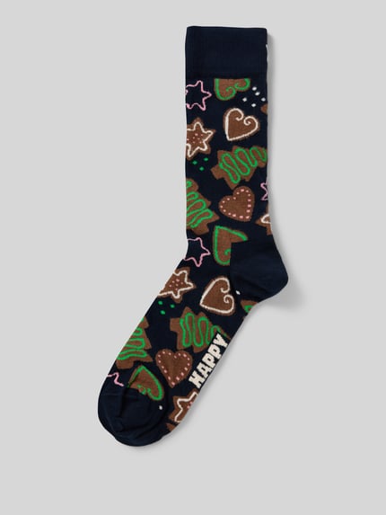 Happy Socks Sokken met logostitching, model 'Gingerbread Cookies' Donkerblauw - 1
