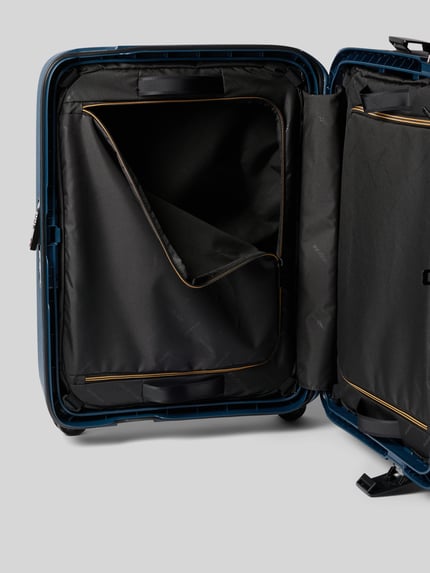 Produktfoto, Koffer mit Strukturmuster Modell 'Spinner' von Samsonite, Hardshell, Reißverschluss, Innenraum mit schwarzen Fächern, rechteckige Form, glatte und gemusterte Texturen, Maße 41x53x18 cm, Hauptfach sichtbar