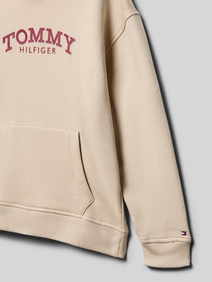 Produktfoto, Regular Fit Hoodie aus Baumwoll-Mix von Tommy Hilfiger Kids in Beige, unifarben, Label Print, Kängurutasche, Sweat-Textur
