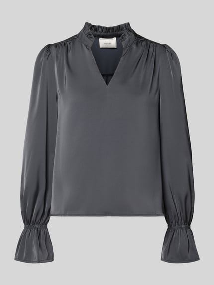 Produktfoto, Regular fit dames blouse met opstaande kraag model 'Amara' van Neo Noir in antraciet met V-hals, ruglengte maat 36: 56 cm, mouwlengte maat 36: 65 cm, gladde textuur