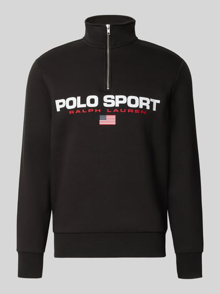 Produktfoto, Relaxed Fit Troyer aus Baumwoll-Mix von Polo Ralph Lauren in Schwarz mit weiß-rotem Logo und Reißverschluss, glatte Struktur