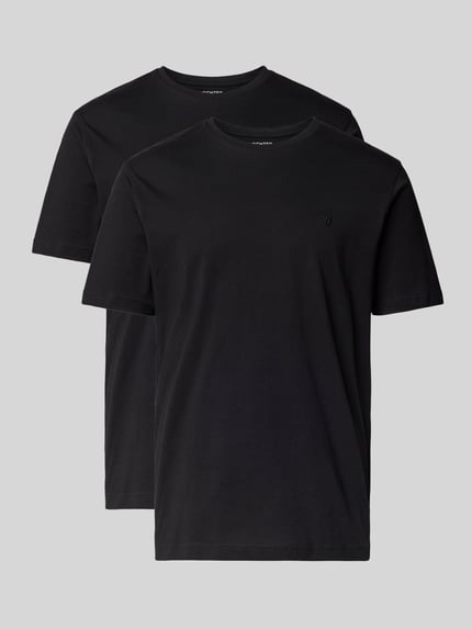 Produktfoto, T-Shirt-Set mit Logo-Stitching von HECHTER PARIS, 2er-Pack aus reiner Baumwolle, gerader Schnitt, unifarbenes Design, gerippter Rundhalsausschnitt
