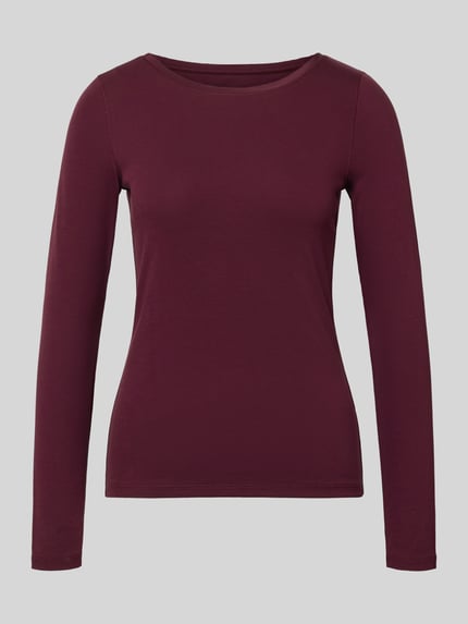 Produktfoto, Slim Fit Langarmshirt aus Baumwoll-Mix von Marc Cain in dunklem Bordeauxrot, glatte Textur, Damen Langarmshirt von Marc Cain