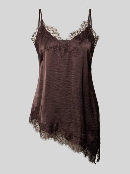 Produktfoto, Regular Fit Top mit Viskose-Anteil Modell 'Dove' von FREE/QUENT, brauner Stoff mit Spitzenbesatz, asymmetrisches Design, Damen Top