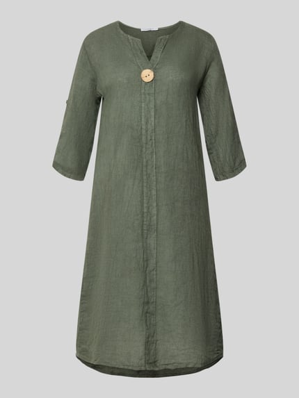 Produktfoto, Knielanges Leinenbluse mit Zierknopf Modell 'Ad44ora' von ZABAIONE in Olivgrün, A-Linie, V-Ausschnitt, reine Leinenstruktur