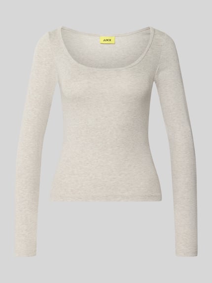 Produktfoto, Longsleeve met U-hals Model 'STAR' van JJXX, dames shirt met lange mouwen van katoenmix met stretch, nauwsluitend model, ruglengte maat S 53 cm, lichtbeige kleur, gladde textuur