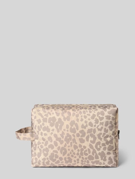 Produktfoto, Kosmetiktasche mit Allover-Animal-Print Modell 'Puffy' von STUDIO NOOS, beżowe odcienie, główna komora na zamek, kontekst damska kosmetyczka