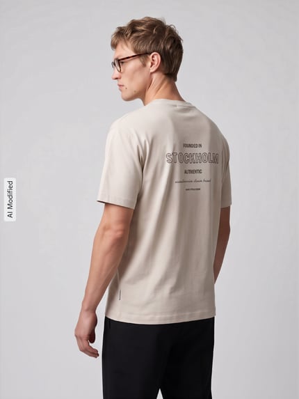 Männermodel trägt Boxy Fit Shirt aus Baumwoll-Mix von Marc O'Polo DENIM in Beige mit Aufdruck, Ganzkörperansicht Rückansicht, KI-modifiziertes Bild.