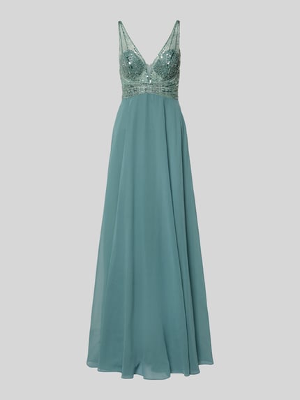 Produktfoto, Abendkleid mit Herz-Ausschnitt von Jake*s Cocktail in Türkis mit glänzenden Pailletten, tailliertem Schnitt und Nahtreißverschluss