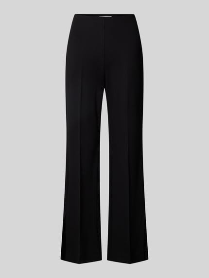 Produktfoto, Flared Fit Stoffhose aus elastischem Viskose-Mix Modell 'OKTOBER' von COMMA, Schwarz, Bügelfalten, glatte Struktur, Damenmode, context: Elastischer Viskose-Mix, Bundweite 37 cm, Innenbeinlänge 77 cm