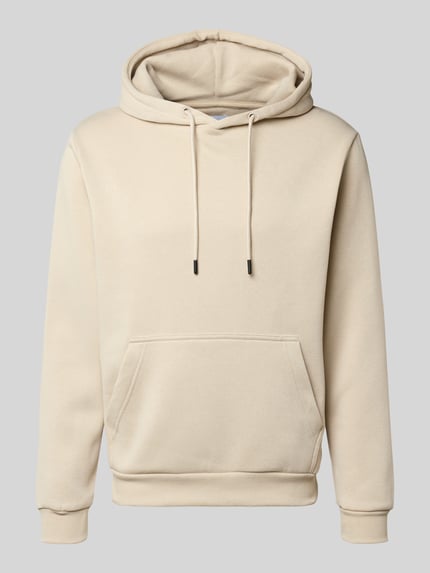 Produktfoto, Hoodie mit Kapuze Modell 'BRADLEY' von Jack & Jones aus beigem Baumwoll-Mix, Känguru-Tasche, gerippte Abschlüsse, lockerer Schnitt.