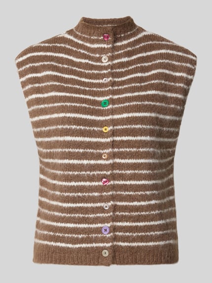 Produktfoto, braun-weiß gestreifte Regular Fit Weste mit Woll-Anteil Modell 'SIRA' von PIECES, strukturierte Oberfläche, Damen Weste