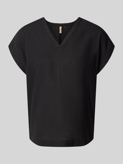 Produktfoto, Blusenshirt aus Leinen-Viskose-Mix Modell 'INA' von Soyaconcept, Schwarz, gerade Form, feine Textur, Damen, V-Ausschnitt, Kappärmel, Rückenlänge 61 cm, Ärmellänge 20 cm, Gerader-Schnitt