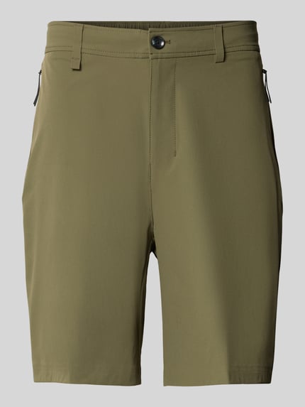 Produktfoto, olivefarbene Relaxed Fit Bermudas mit Label-Schriftzug Modell 'PS Spirit 70' von BOSS Green X PORSCHE, glatte Textur, sichtbarer Knopfverschluss, Gürtelschlaufen, seitliche Eingrifftaschen, einfarbige Optik.