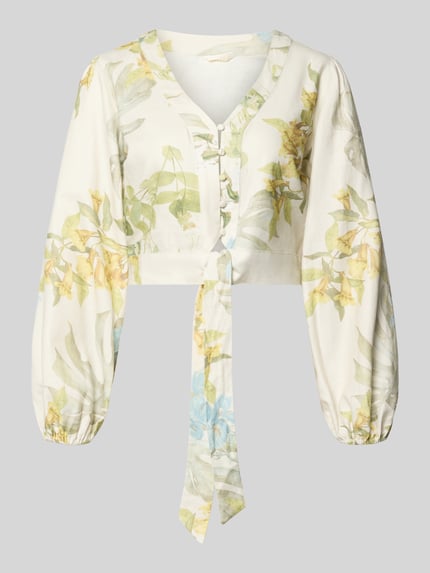 Produktfoto, Cropped Bluse aus Leinen-Viskose-Mix Modell 'SHIRLEY' von Guess mit V-Ausschnitt, Knopfleiste, florales Muster, helle Grundfarbe, Damen Bluse.
