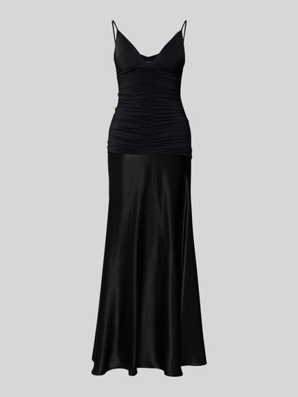 Produktfoto, Slim Fit Abendkleid mit Raffungen Modell 'Lavanda' van Bardot, zwart, elastische stofmix, V-hals, spaghettibandjes, elegant, gladde textuur