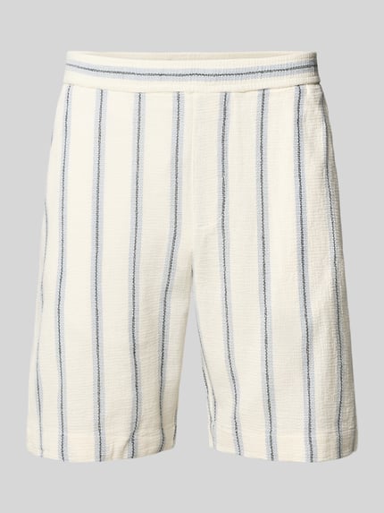 Produktfoto, Regular Fit Shorts aus reiner Baumwolle Modell 'REGCAL' von SELECTED HOMME, Optik: Unifarben, Struktur mit feinen blauen Streifen, Bundabschluss elastisch mit Tunnelzug, Eingrifftaschen, Gesäßtasche, Material reine Baumwolle
