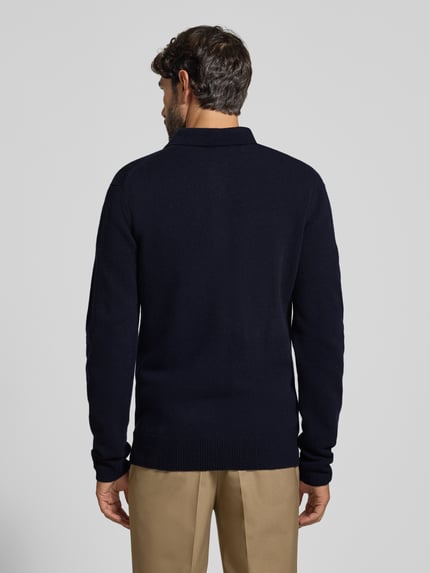 Männermodel trägt dunkelblauen Strickpullover aus Woll-Mix mit Polokragen Modell 'FELIPO' von Casual Friday, Slim Fit, Rückenansicht.