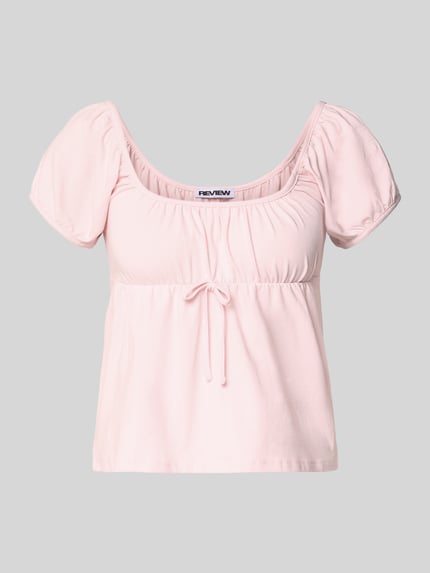 Produktfoto, T-shirt im all-over look met vetersluiting van REVIEW, lichtroze, mix van katoen en elastaan, regular fit, ronde hals, ruglengte maat S 33 cm