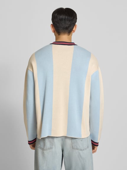 Männermodel trägt Strickpullover mit Label-Stitching Modell 'Overdrive' von PROHIBITED in Creme und Hellblau, Relaxed-Fit, Reine Baumwolle, Rückenlänge 63 cm, Ärmellänge 60 cm, Ganzkörperansicht Rückansicht.