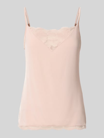 Produktfoto, Regular Fit Top aus Viskose-Mix Modell 'Poetry' von Mey in zartem Rosa, Spitzenbesatz, Spaghetti-Träger, V-Ausschnitt