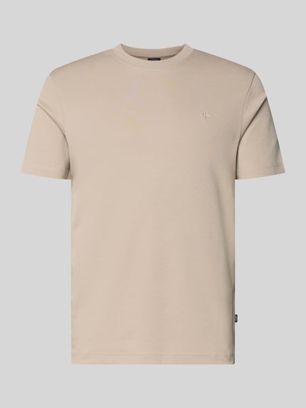 Produktfoto, beiges T-Shirt mit Rundhalsausschnitt und Label-Stitching, Modell 'Priamo' von JOOP! Collection aus reiner Baumwolle.