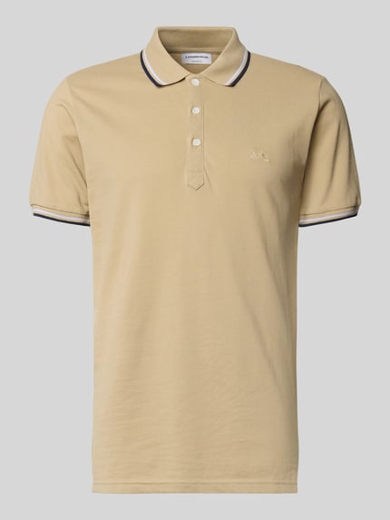 Produktfoto, Relaxed Fit Poloshirt mit Kontraststreifen van Lindbergh van puur katoen, heren poloshirt, knoopsluiting, labelstitching, ruglengte maat M 67 cm, beige met donkere contraststrepen, gladde textuur