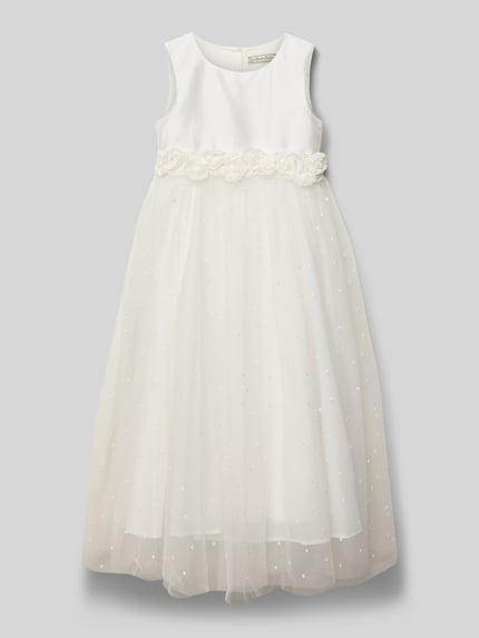 Produktfoto, Regular Fit Midikleid met bloemendecor van Une Hautre Couture, katoenmix, mouwloos, ronde hals, meshrok, sierstrik, knoopsluiting, onderrok, wit met transparante structuur