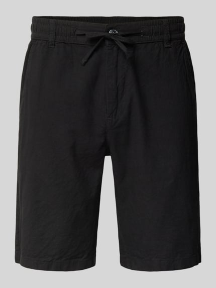 Produktfoto, Bermudas aus Leinen-Mix mit französischen Eingrifftaschen von Lindbergh, Leinen-Baumwoll-Mix, Straight, Schwarz, Struktur, elastischer Bund mit Kordelzug, Knopf- und Reißverschluss, Gesäßtaschen, Bundweite 43 cm, Innenbeinlänge 24 cm, Größe M.