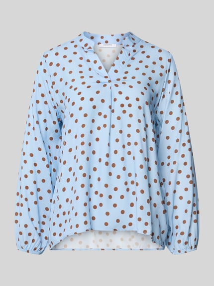 Produktfoto, Relaxed Fit Bluse aus reiner viscosemix Modell 'Valeria' von ZABAIONE, dames blouse, lichtblauw met bruine stippen, serafinohals, met lange mouwen, ruglengte maat S 54 cm, mouwlengte maat S 58 cm, viscose, relaxed fit
