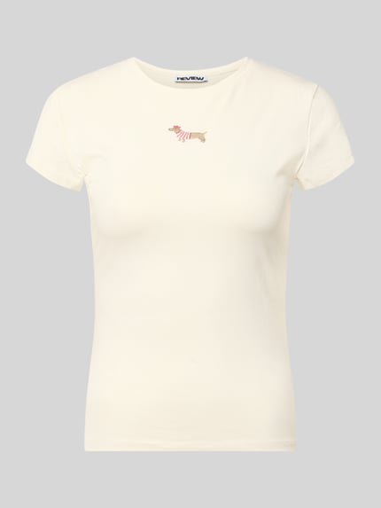 Produktfoto, T-Shirt mit Motiv-Stitching und Rundhalsausschnitt von REVIEW in Creme, Baumwoll-Elasthan-Mix, Slim-Fit, Rückenlänge 54 cm, Damen T-Shirt