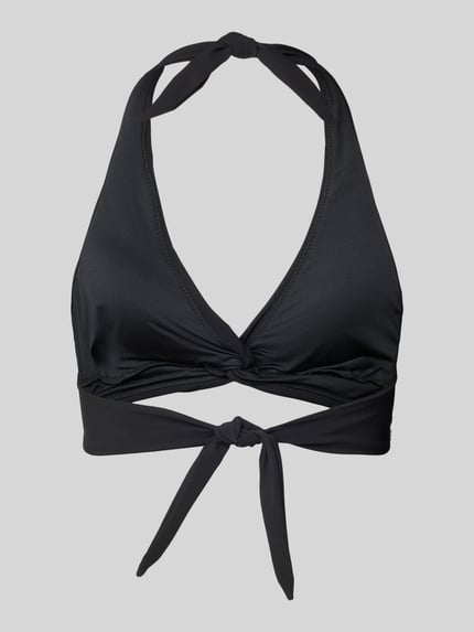 Produktfoto, Bikini-Oberteil mit Label-Detail Modell 'SOLID' von Barts aus schwarzem Material-Mix mit Stretch-Anteil, Knoten-Detail, V-Ausschnitt, Schnürverschluss