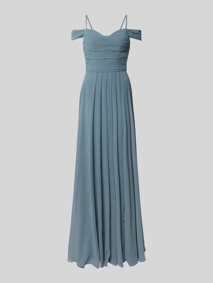 Produktfoto, Maxikleid im Off-Shoulder-Look mit Gehschlitz von Mascara, A-lijn, draperingen, split, lichtblauw, chiffontextuur