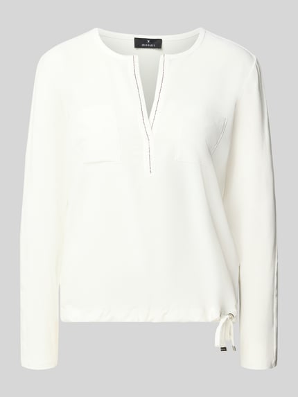 Produktfoto, Regular Fit Bluse mit borstzakken van monari, effen wit, tuniekhals, met siersteentjes, met lange mouwen, dames, Ruglengte maat 36: 58 cm, mouwlengte maat 36: 58 cm.