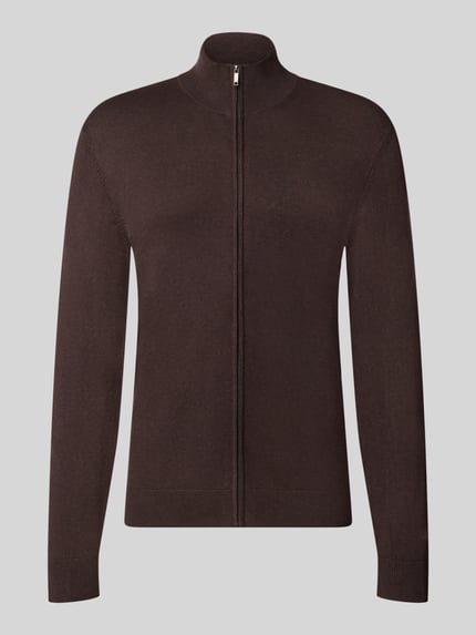 Produktfoto, Slim Fit Strickjacke aus Viskose-Mix mit Stehkragen von MCNEAL in Dunkelbraun, feine Textur, elastische Abschlüsse, Reißverschluss