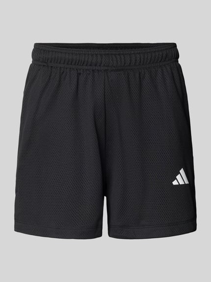 Produktfoto, Straight Fit Shorts mit Logo-Print in Mesh-Optik von adidas Training, czarne, siateczka, elastyczny pas, szerokość w rozmiarze M: 39 cm, długość wewnętrzna nogawki w rozmiarze M: 12 cm