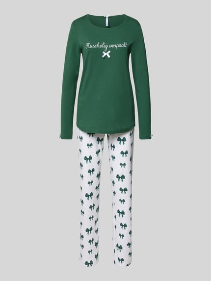 LOUIS & LOUISA Relaxed fit pyjama met sierstrik, model 'Kuschelig' Groen - 1