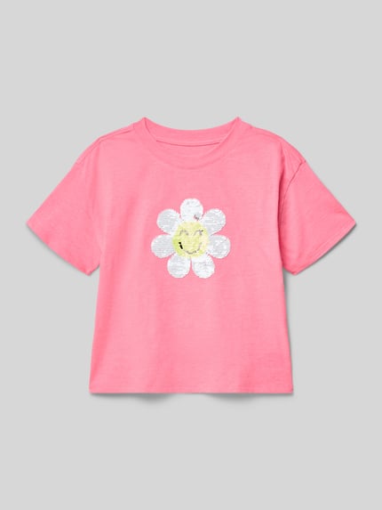 Productfoto, T-shirt met paillettenbesatz van GAP voor kinderen, roze katoenmix, straight fit, ronde hals, ruglengte maat 116: 37 cm