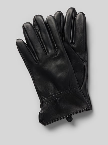 Produktfoto, Handschuhe aus echtem Leder mit kurzem Seitenschlitz von EEM, schwarze glatte Oberfläche, eingefasste Abschlüsse