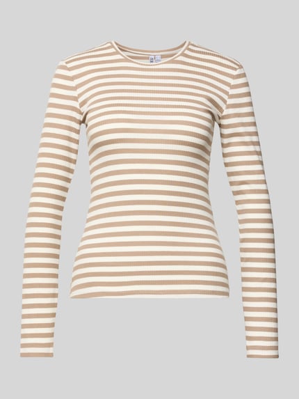 Produktfoto, Slim Fit Langarmshirt aus Baumwoll-Mix von Pieces, unifarben, Two Tone, gestreift, Rippstrick, Rundhals, beigebraun und weiß