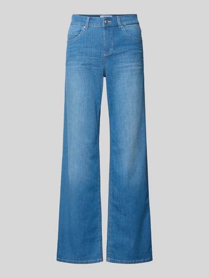 Produktfoto, Straight Fit Jeans im 5-Pocket-Design Modell 'Lara' von Angels, blauer Baumwoll-Mix mit Stretch, sichtbare Nähte, glatte Textur