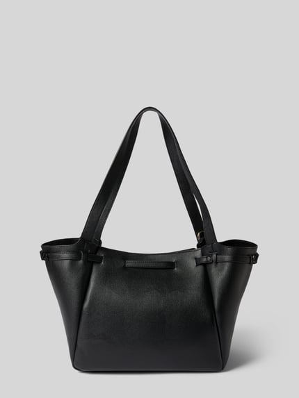 Produktfoto, schwarze Handtasche mit Label-Applikation Modell 'MEDEA' von VALENTINO BAGS, glatte Textur, breite Tragehenkel, dezentes Design