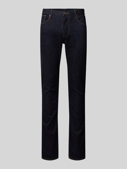 Produktfoto, Slim Fit Jeans mit Logo-Applikation von Emporio Armani in dunklem Blau, 5-Pocket-Design, glatte Textur, elastischer Baumwoll-Mix