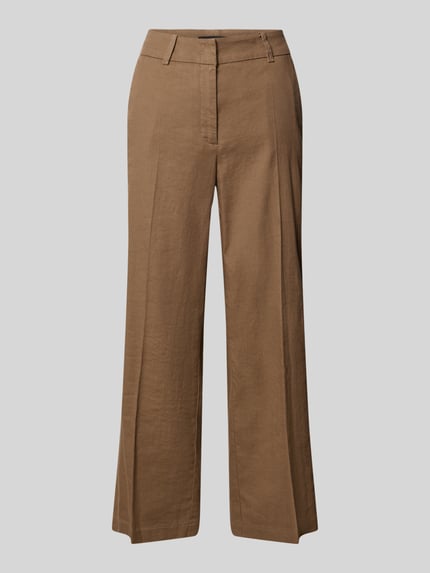 Produktfoto, Chino aus Leinen-Mix mit Bügelfalte Modell 'CALIFORNIA' von Cambio, brauner Farbton, glatte Textur, Straight Fit, Eingrifftaschen, Gesäßtaschen, Haken- und Reißverschluss, Bundweite 41 cm, Innenbeinlänge 68 cm, Damen Chino