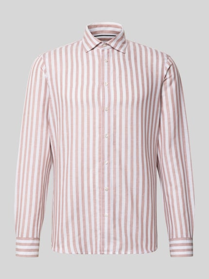 Produktfoto, Slim Fit Business-Hemd aus Leinen-Mix mit Kentkragen von Jake*s, gestreift in Rosa und Weiß, Langärmelig, glatte texturierte Oberfläche, durchgängige Knopfleiste, Sportmanschetten, Rückenlänge 77 cm, Schulterbreite 48 cm, Ärmellänge 68 cm, Baumwoll-Leinen-Mix
