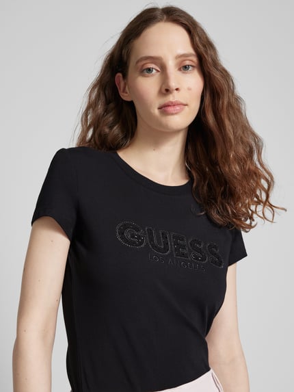 GUESS T-Shirt mit Label-Stitching und Ziersteinbesatz Black 3