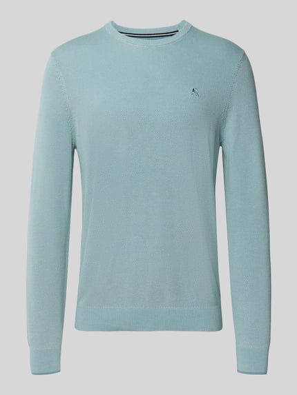 Produktfoto, hellblauer Regular Fit Strickpullover aus reiner Baumwolle mit Label-Detail von LERROS, feine Strickstruktur, elastische Abschlüsse